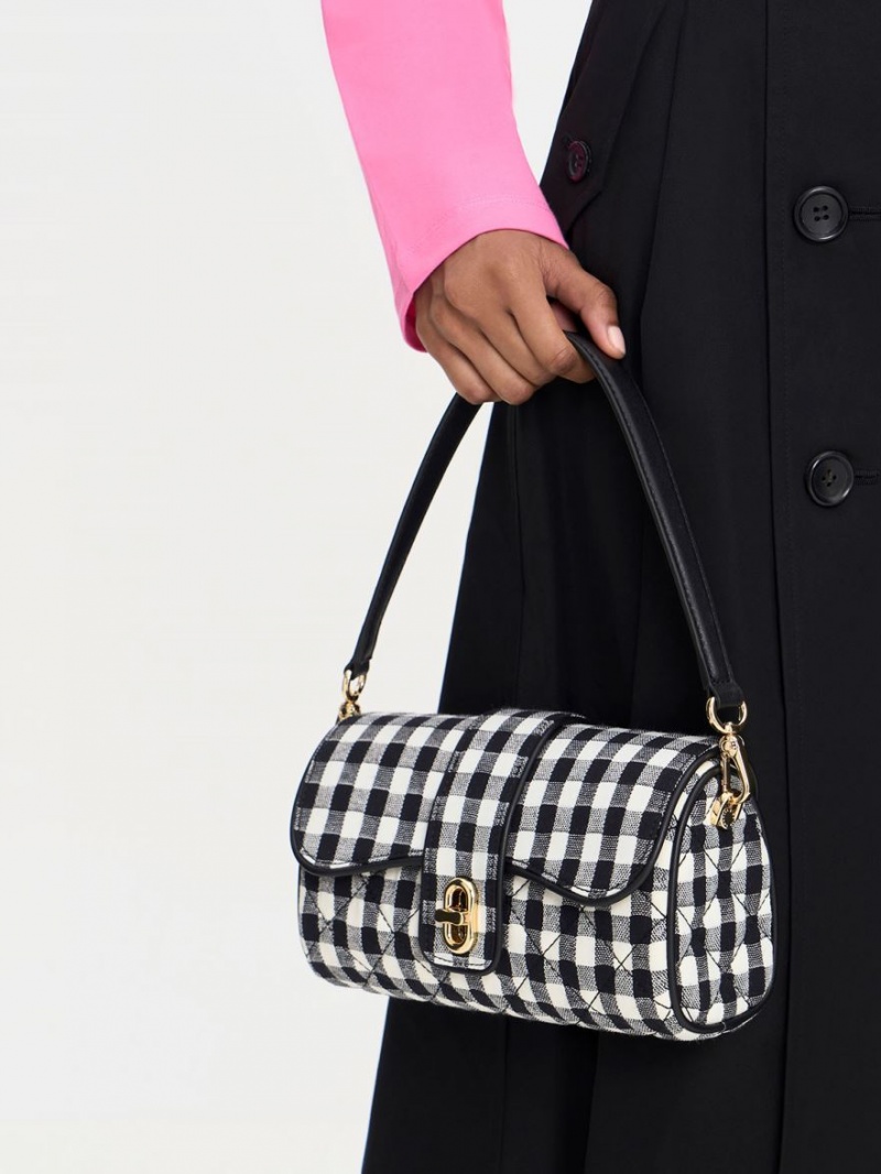 Geanta Crossbody Charles & Keith Gingham Belted Negrii Albi | 539BRWVGM