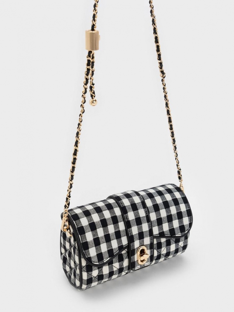 Geanta Crossbody Charles & Keith Gingham Belted Negrii Albi | 539BRWVGM