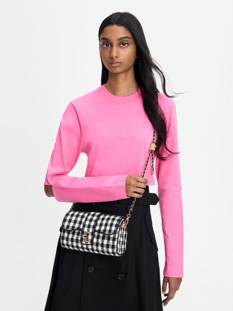Geanta Crossbody Charles & Keith Gingham Belted Negrii Albi | 539BRWVGM