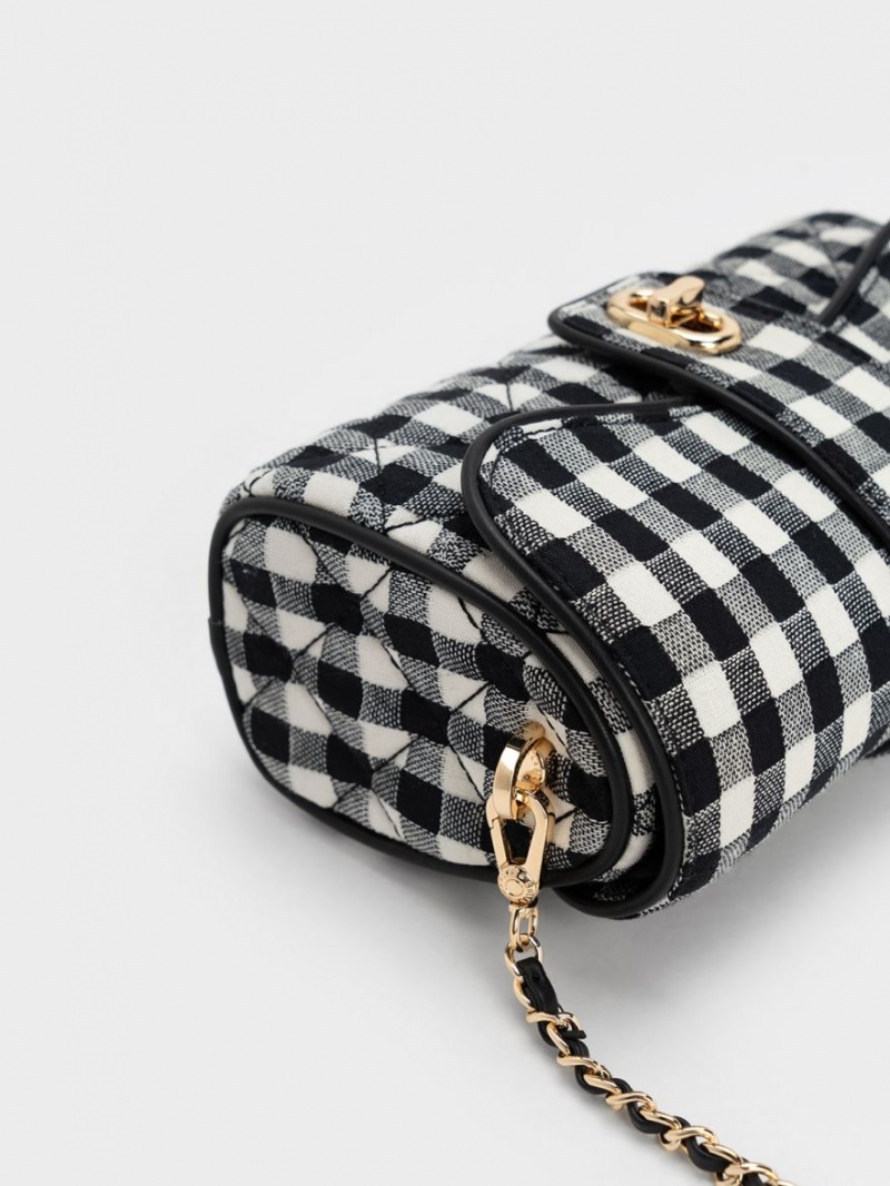 Geanta Crossbody Charles & Keith Gingham Belted Negrii Albi | 539BRWVGM