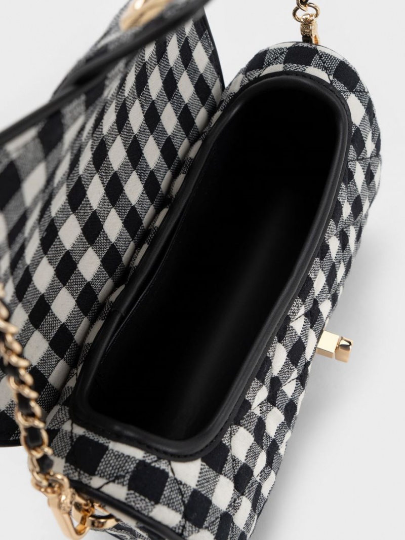 Geanta Crossbody Charles & Keith Gingham Belted Negrii Albi | 539BRWVGM