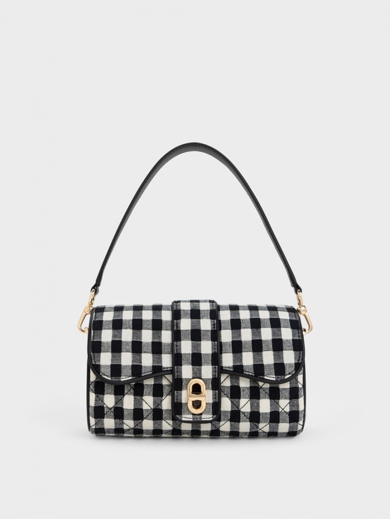 Geanta Crossbody Charles & Keith Gingham Belted Negrii Albi | 539BRWVGM