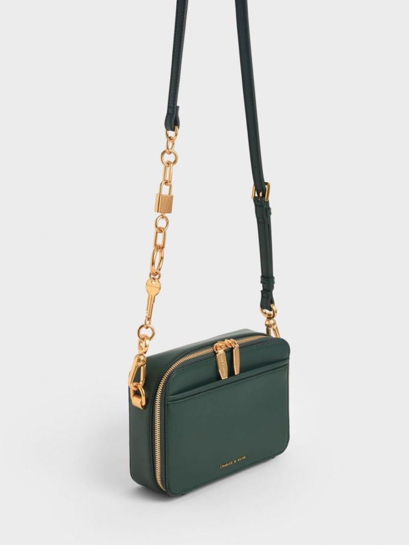 Geanta Crossbody Charles & Keith Grosolan Chain Handle Two-Way Zip Verzi Inchis | 716AXHZCU