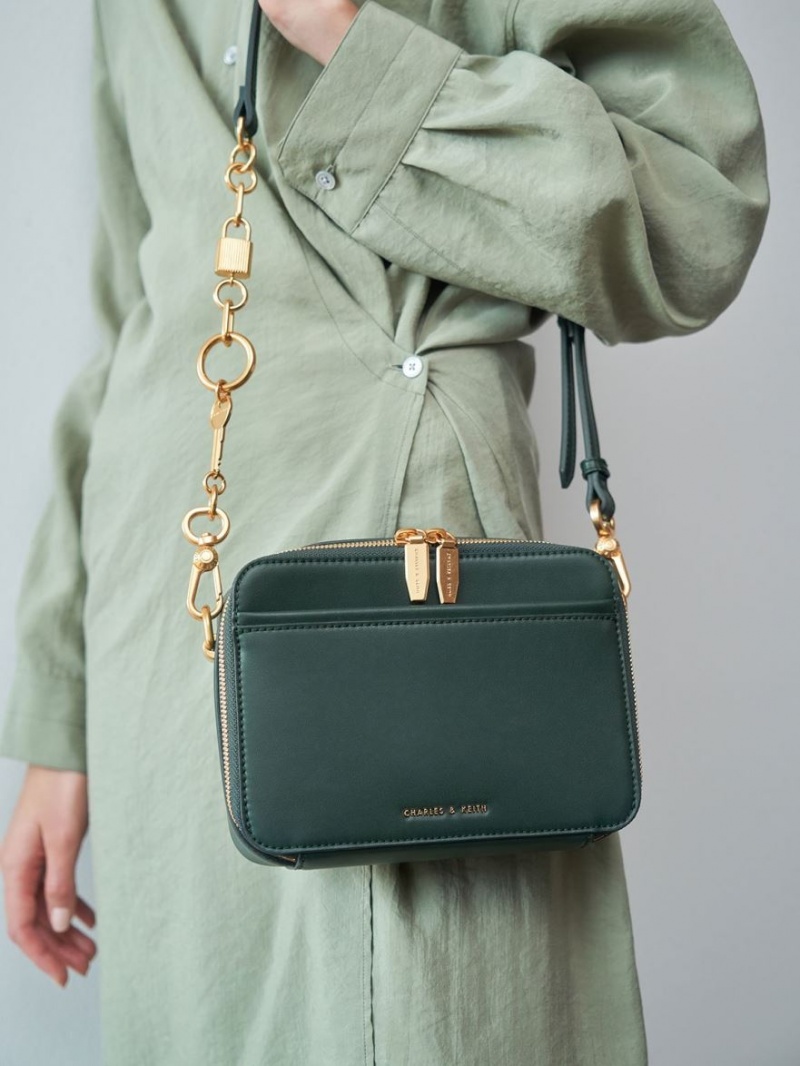 Geanta Crossbody Charles & Keith Grosolan Chain Handle Two-Way Zip Verzi Inchis | 716AXHZCU