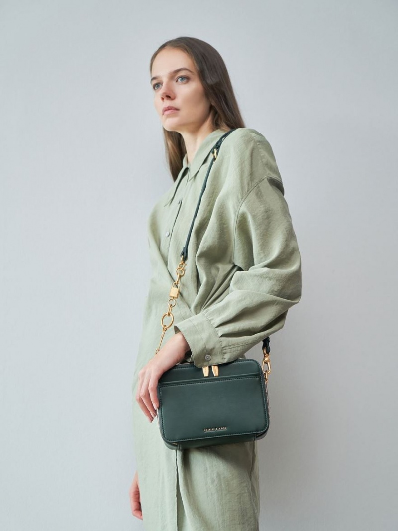 Geanta Crossbody Charles & Keith Grosolan Chain Handle Two-Way Zip Verzi Inchis | 716AXHZCU