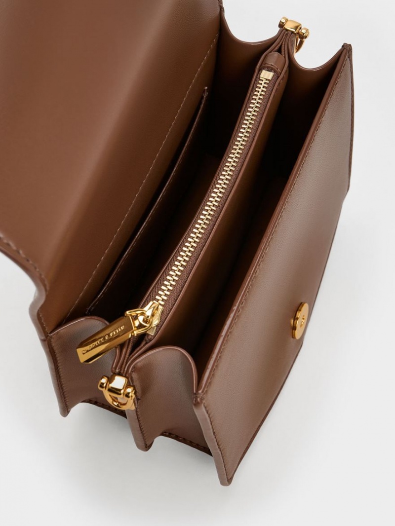 Geanta Crossbody Charles & Keith Lock-Motif Geometric Ciocolata | 015YHXNQV