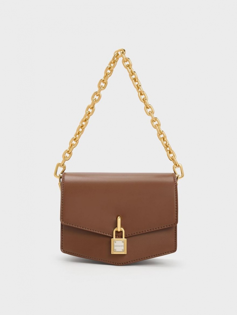 Geanta Crossbody Charles & Keith Lock-Motif Geometric Ciocolata | 015YHXNQV