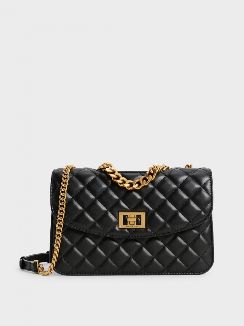 Geanta Crossbody Charles & Keith Matlasat Chain Negrii | 120TKRZGX