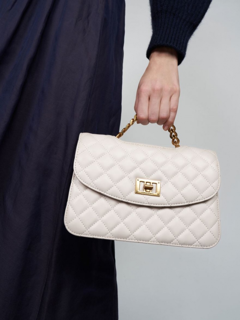 Geanta Crossbody Charles & Keith Matlasat Chain Albi | 627DJHEGW