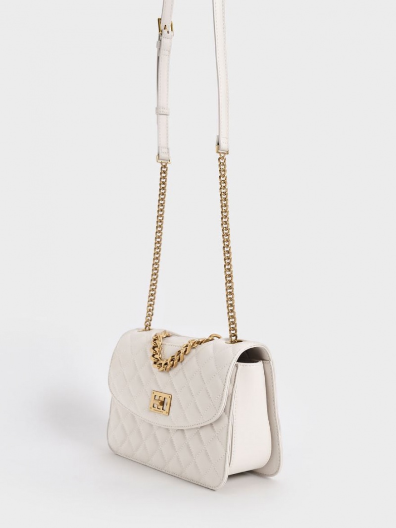 Geanta Crossbody Charles & Keith Matlasat Chain Albi | 627DJHEGW
