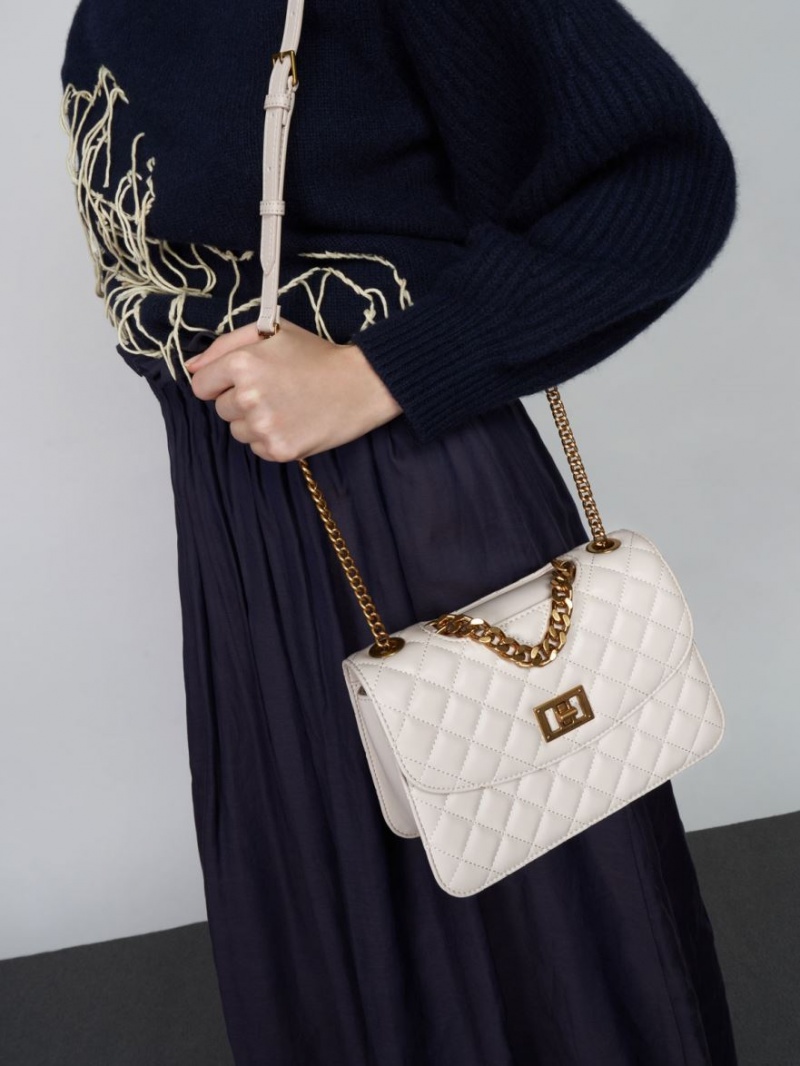 Geanta Crossbody Charles & Keith Matlasat Chain Albi | 627DJHEGW