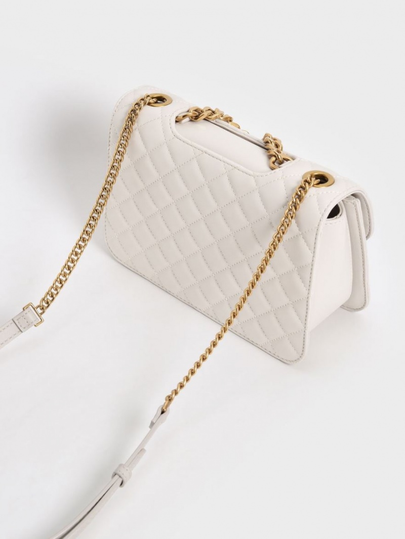 Geanta Crossbody Charles & Keith Matlasat Chain Albi | 627DJHEGW
