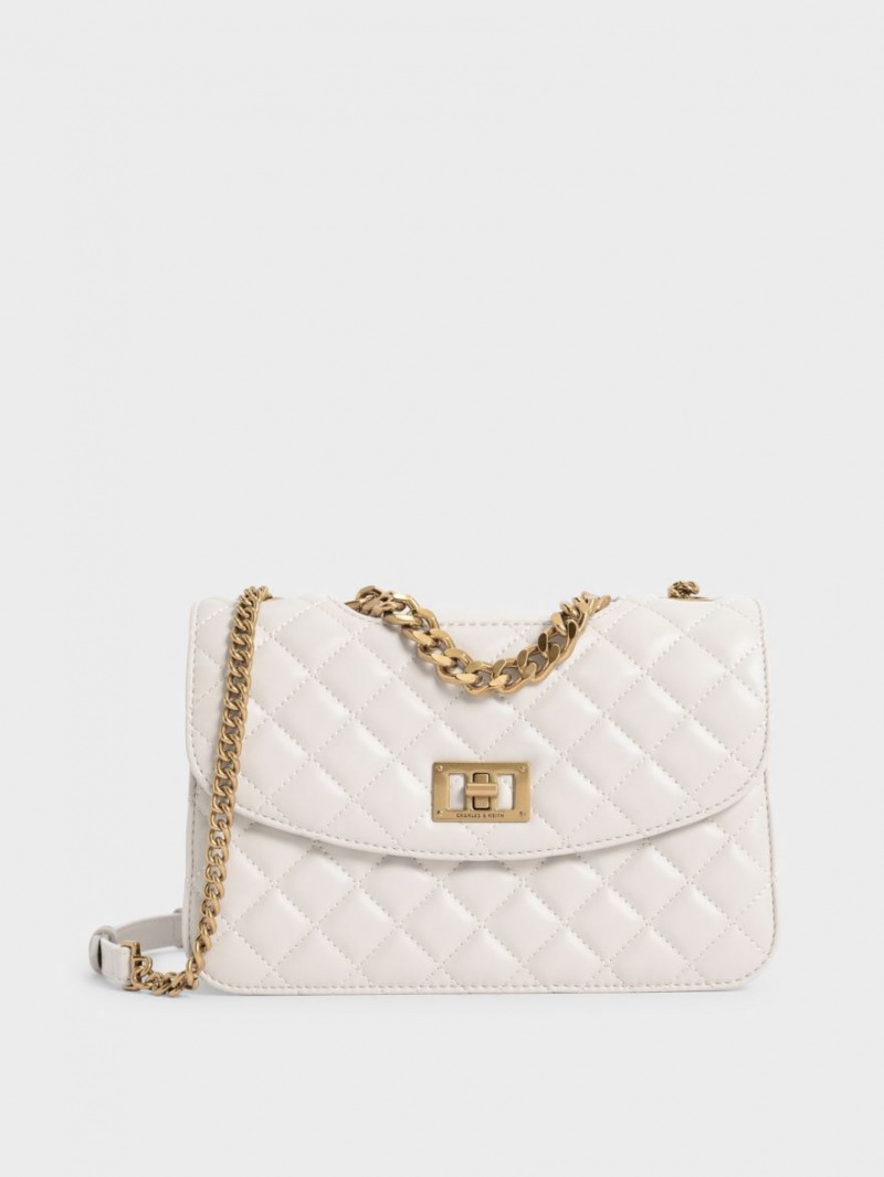 Geanta Crossbody Charles & Keith Matlasat Chain Albi | 627DJHEGW