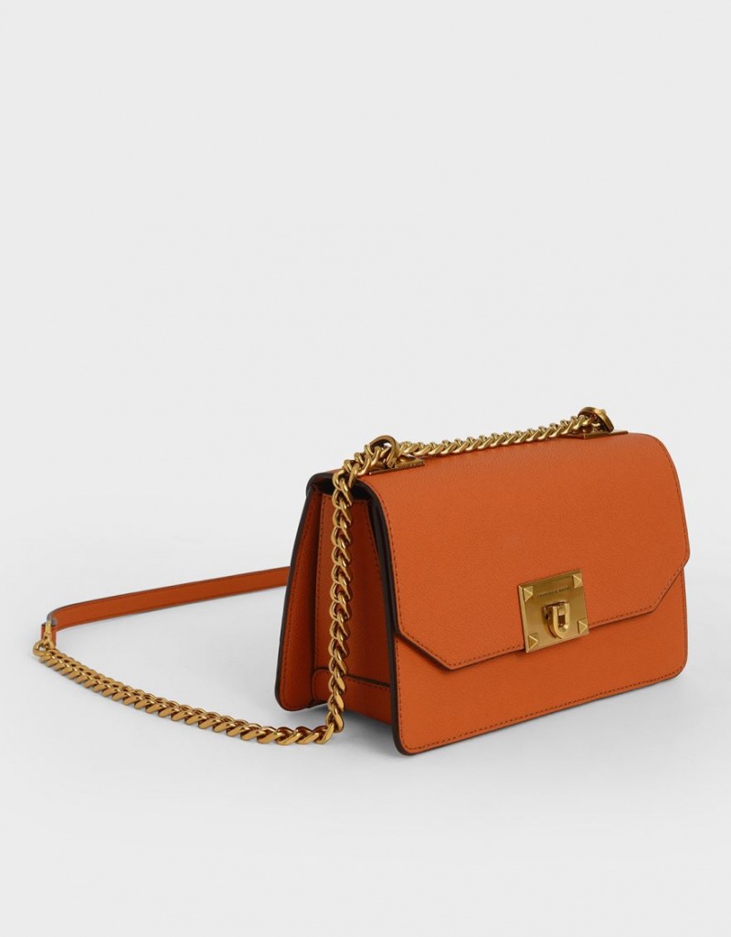 Geanta Crossbody Charles & Keith Metallic Push-Lock Portocalii | 042KQTNGE