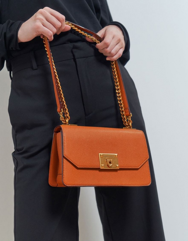 Geanta Crossbody Charles & Keith Metallic Push-Lock Portocalii | 042KQTNGE