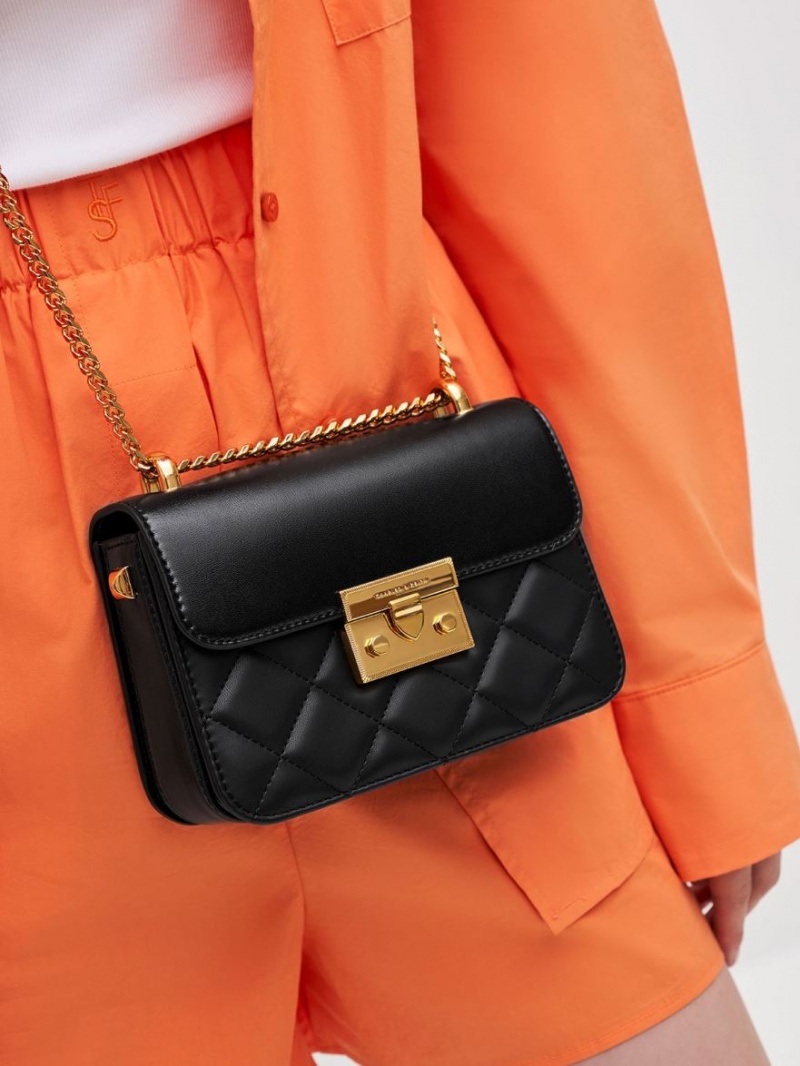 Geanta Crossbody Charles & Keith Metallic Push-Lock Chain Negrii | 371ICYZDH