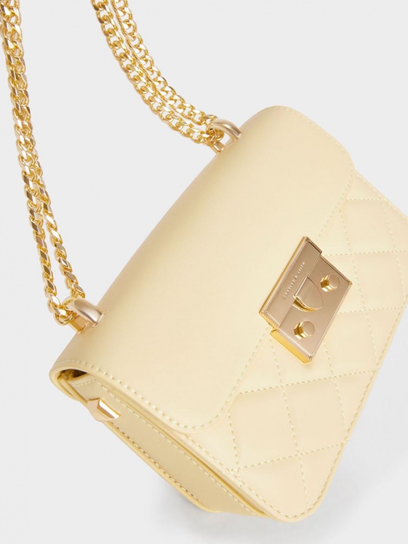 Geanta Crossbody Charles & Keith Metallic Push-Lock Chain Galbeni | 876WEQCVF