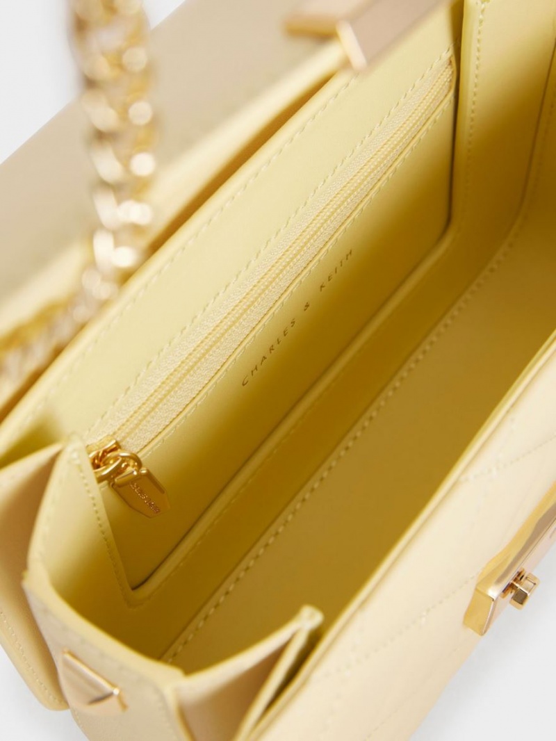 Geanta Crossbody Charles & Keith Metallic Push-Lock Chain Galbeni | 876WEQCVF