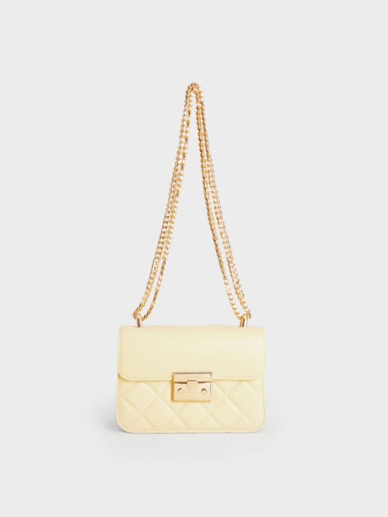 Geanta Crossbody Charles & Keith Metallic Push-Lock Chain Galbeni | 876WEQCVF