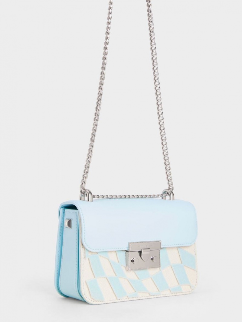 Geanta Crossbody Charles & Keith Metallic Push-Lock Checkered Chain Albastri Deschis | 094MLSRUG