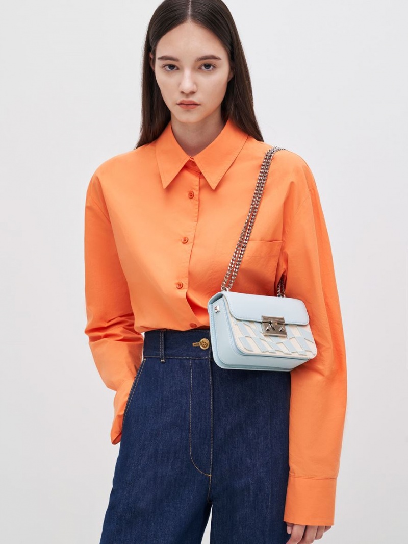 Geanta Crossbody Charles & Keith Metallic Push-Lock Checkered Chain Albastri Deschis | 094MLSRUG