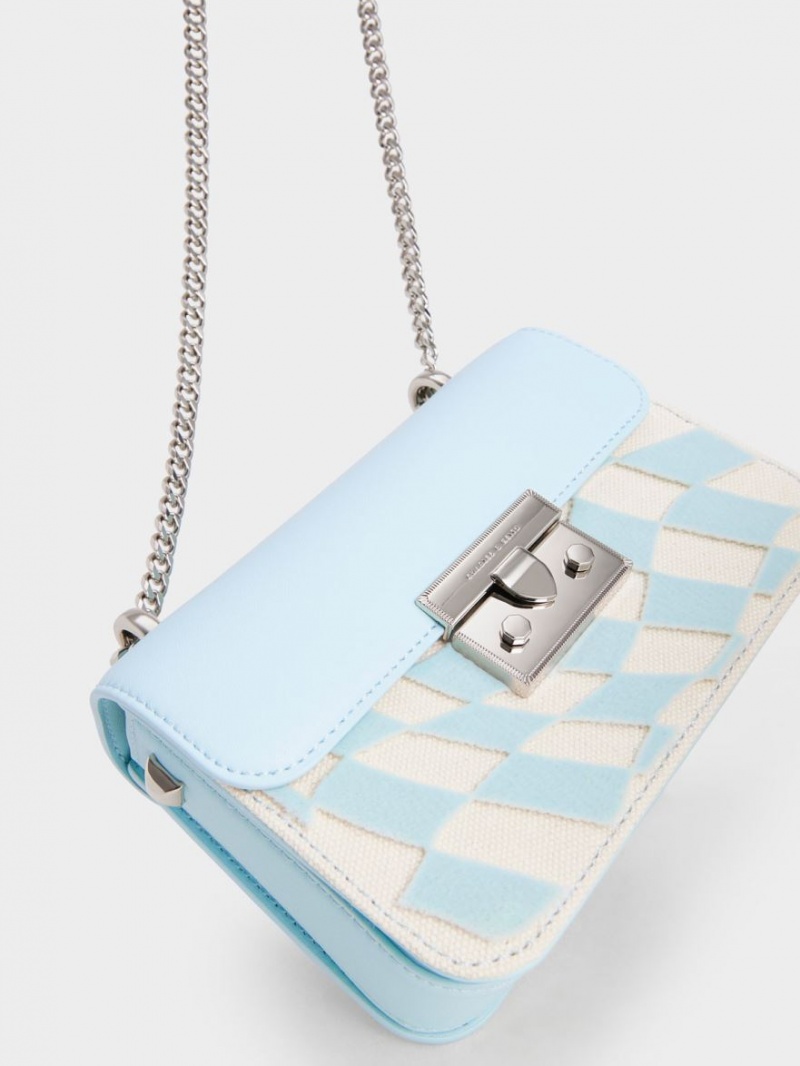 Geanta Crossbody Charles & Keith Metallic Push-Lock Checkered Chain Albastri Deschis | 094MLSRUG