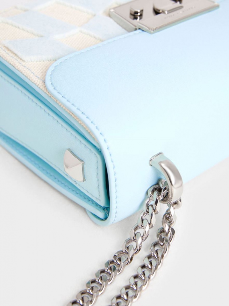 Geanta Crossbody Charles & Keith Metallic Push-Lock Checkered Chain Albastri Deschis | 094MLSRUG