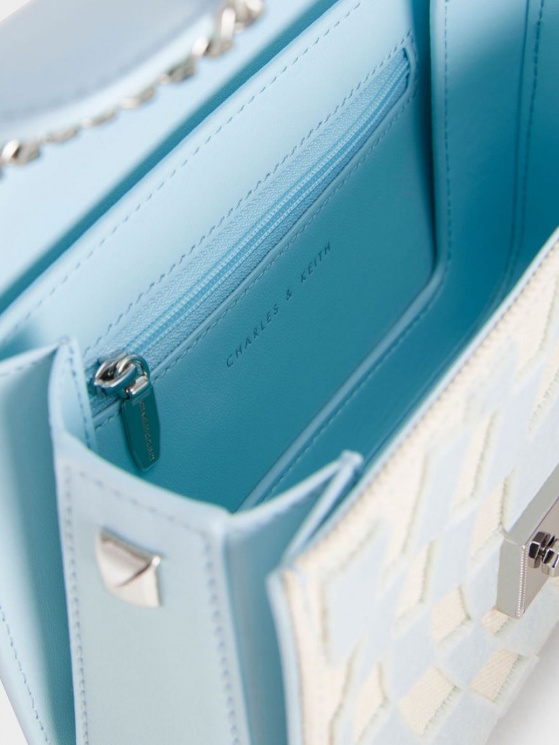 Geanta Crossbody Charles & Keith Metallic Push-Lock Checkered Chain Albastri Deschis | 094MLSRUG