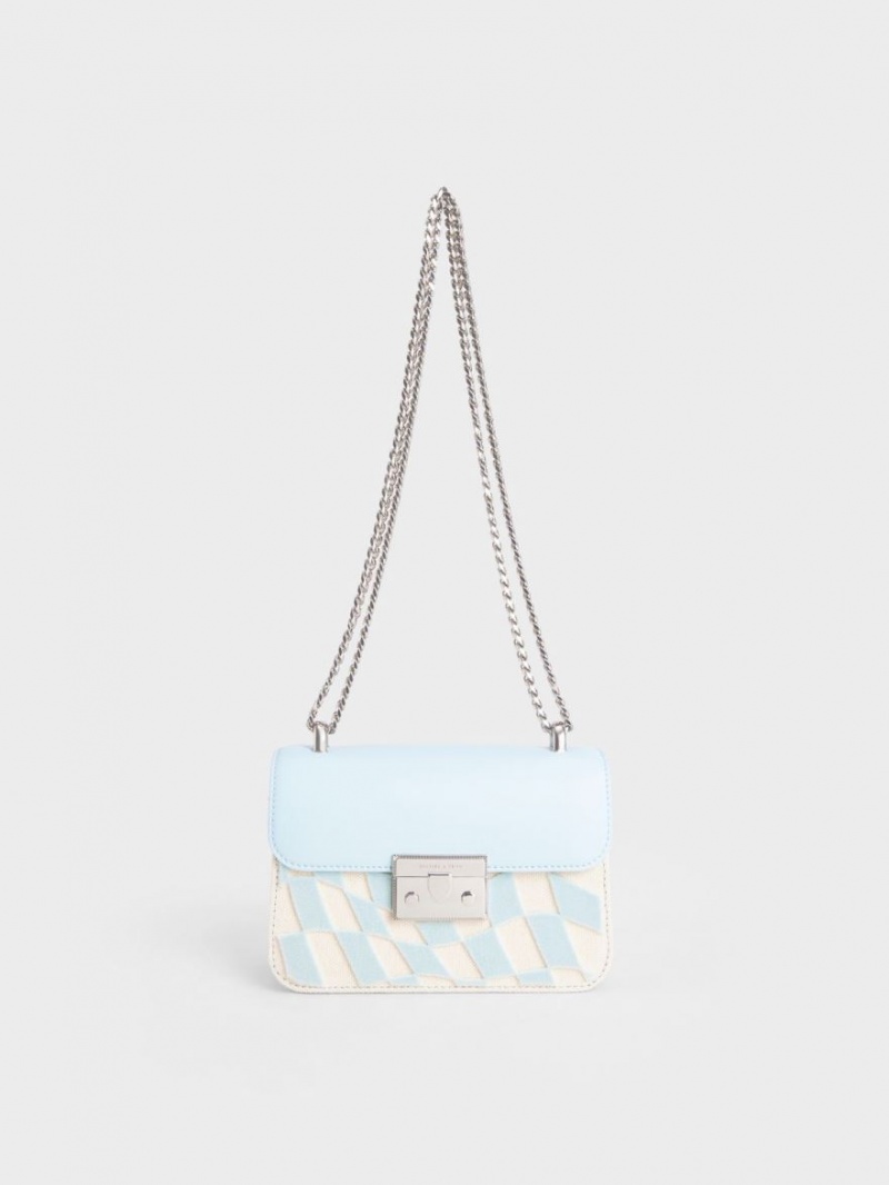 Geanta Crossbody Charles & Keith Metallic Push-Lock Checkered Chain Albastri Deschis | 094MLSRUG