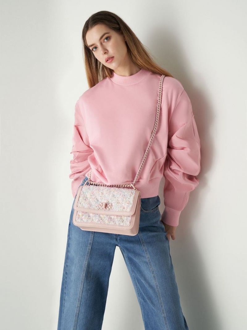 Geanta Crossbody Charles & Keith Micaela Tweed Matlasat Chain Roz Deschis | 682KDOPVI
