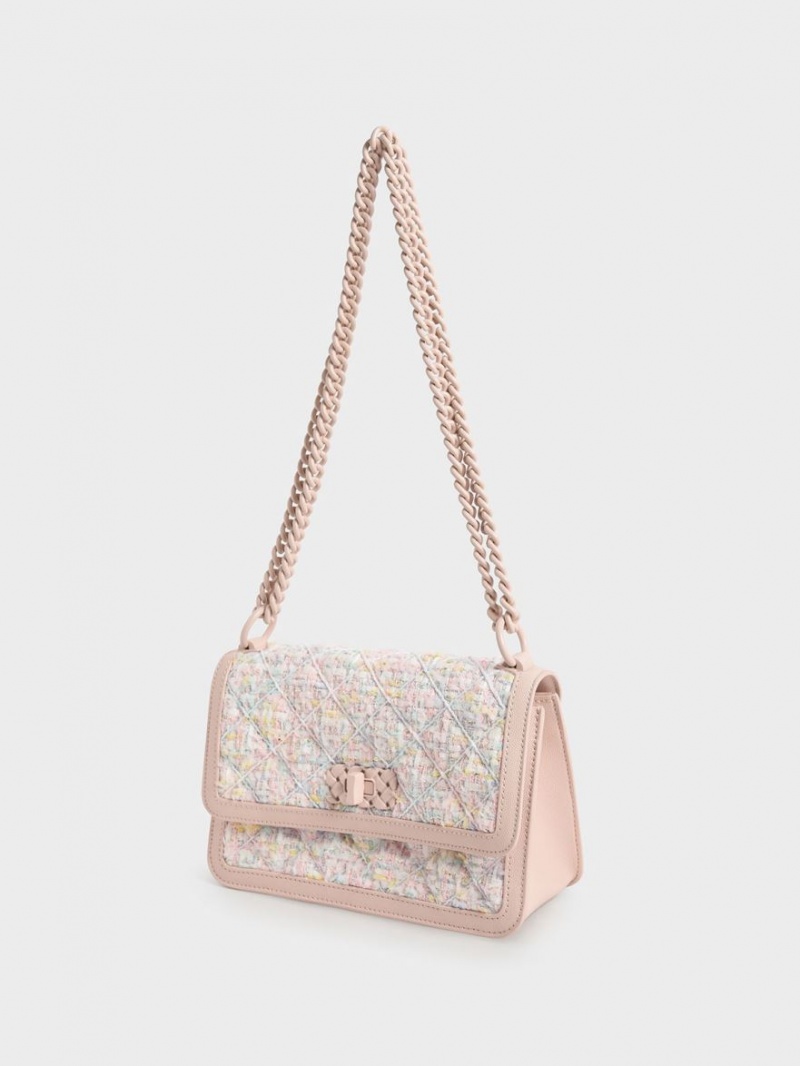 Geanta Crossbody Charles & Keith Micaela Tweed Matlasat Chain Roz Deschis | 682KDOPVI