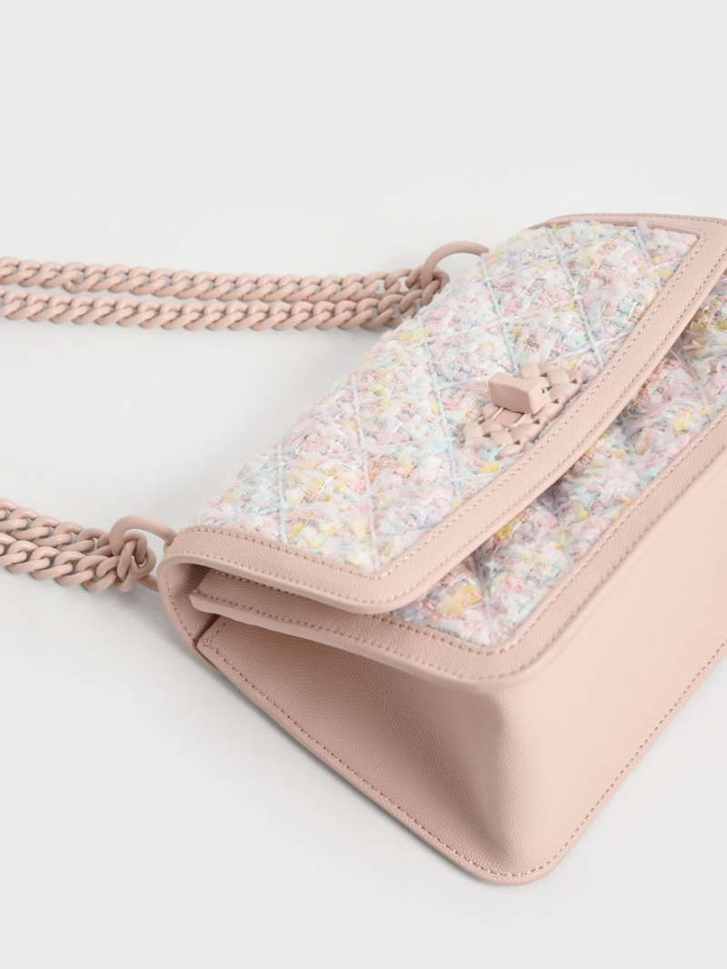 Geanta Crossbody Charles & Keith Micaela Tweed Matlasat Chain Roz Deschis | 682KDOPVI