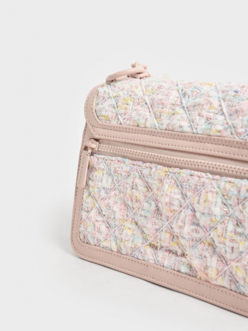 Geanta Crossbody Charles & Keith Micaela Tweed Matlasat Chain Roz Deschis | 682KDOPVI