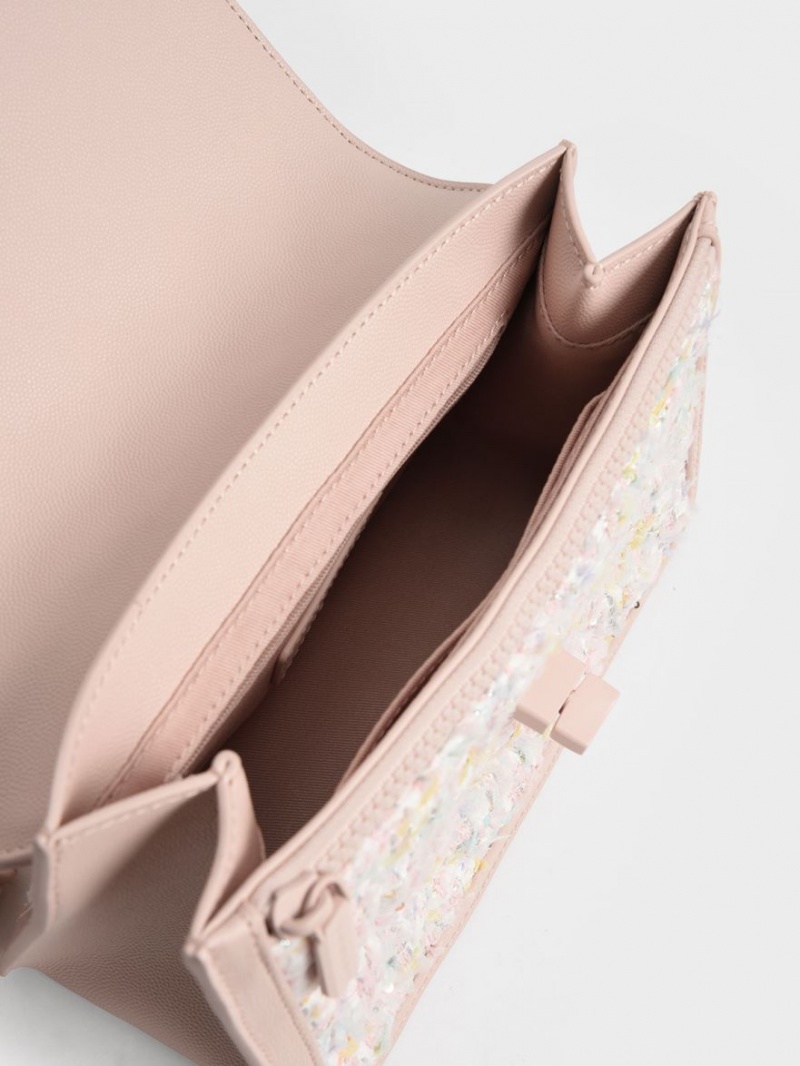 Geanta Crossbody Charles & Keith Micaela Tweed Matlasat Chain Roz Deschis | 682KDOPVI