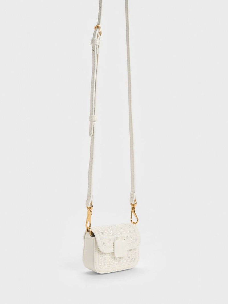 Geanta Crossbody Charles & Keith Micro Koa Sequin Tweed Albi | 930TILZYH