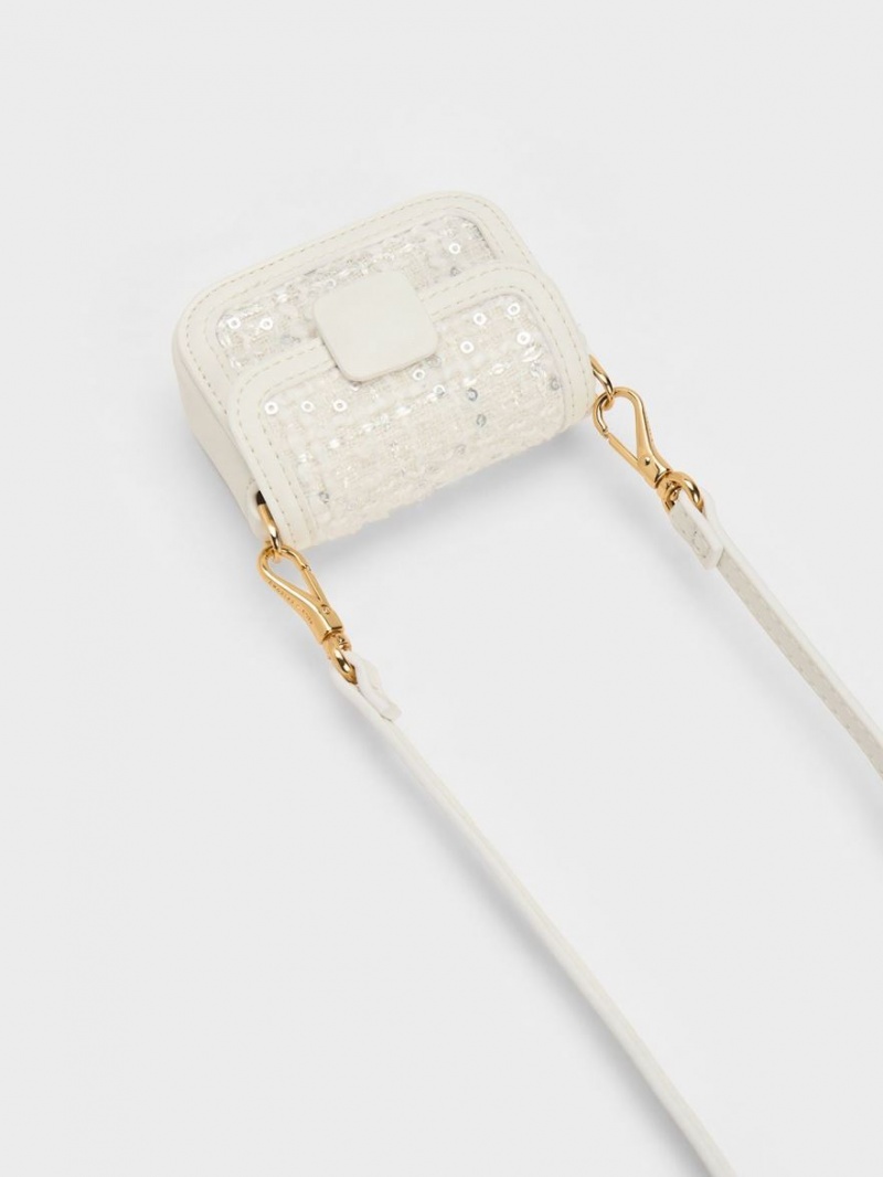 Geanta Crossbody Charles & Keith Micro Koa Sequin Tweed Albi | 930TILZYH