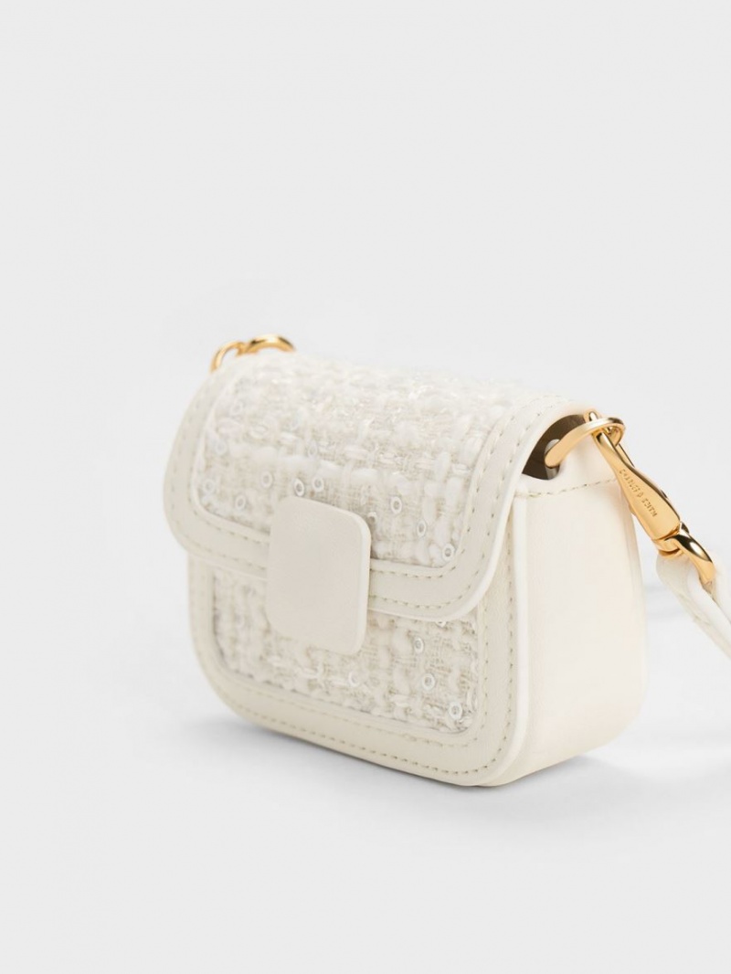 Geanta Crossbody Charles & Keith Micro Koa Sequin Tweed Albi | 930TILZYH