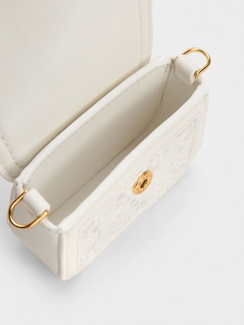 Geanta Crossbody Charles & Keith Micro Koa Sequin Tweed Albi | 930TILZYH