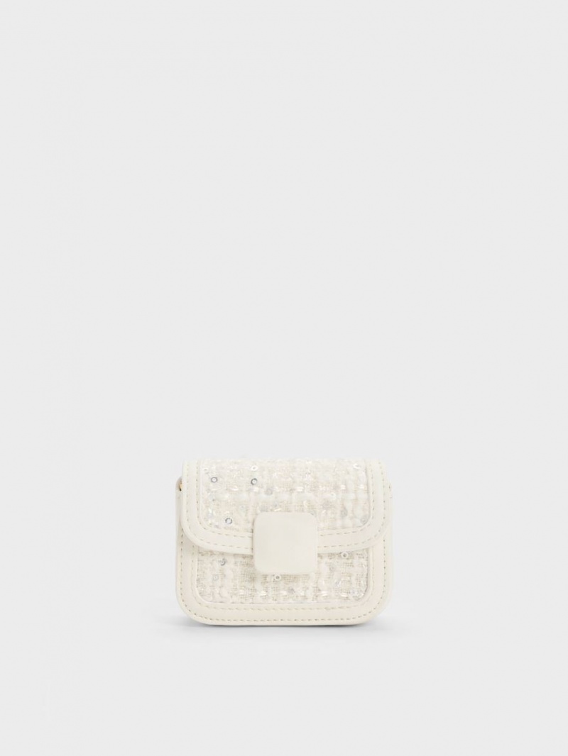 Geanta Crossbody Charles & Keith Micro Koa Sequin Tweed Albi | 930TILZYH