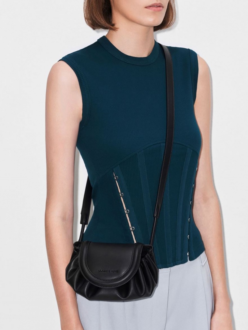 Geanta Crossbody Charles & Keith Mini Blossom Curved Flap Negrii | 341UYFWDH