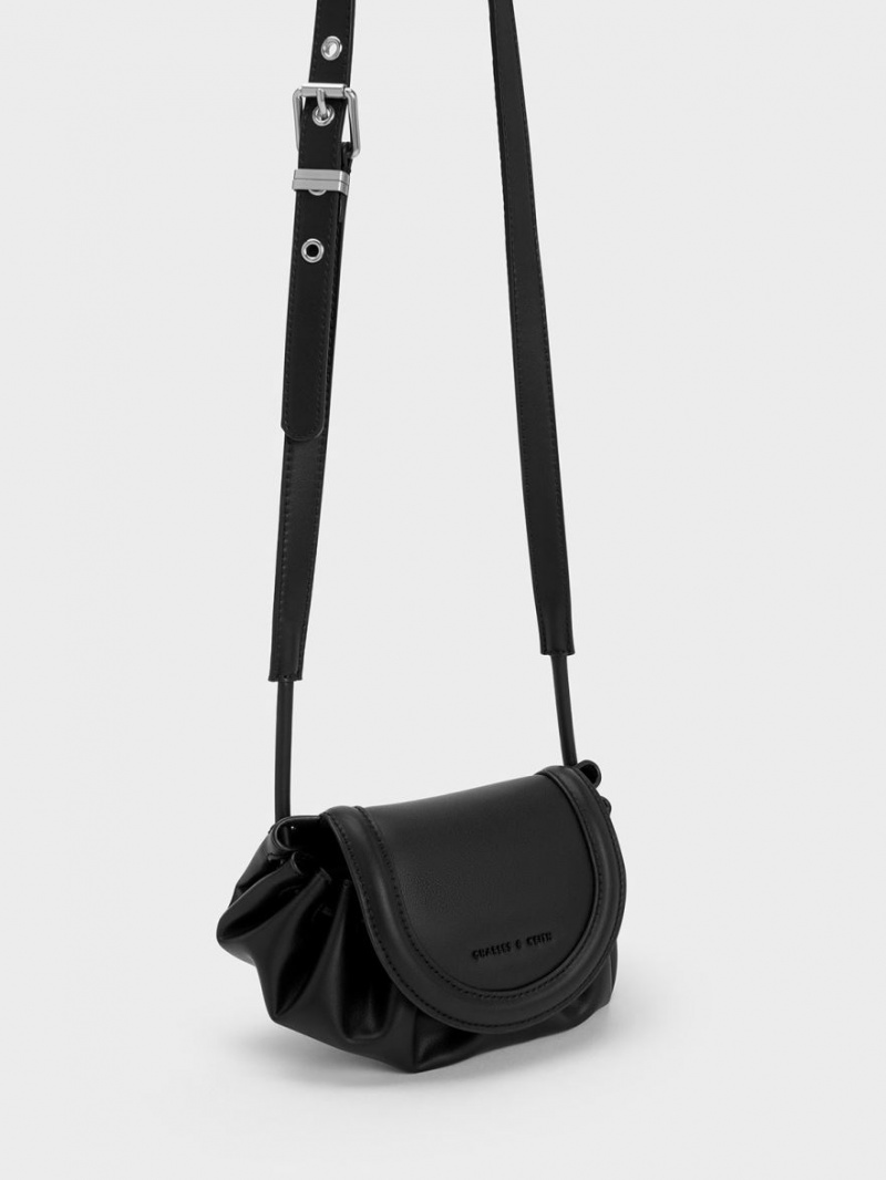 Geanta Crossbody Charles & Keith Mini Blossom Curved Flap Negrii | 341UYFWDH