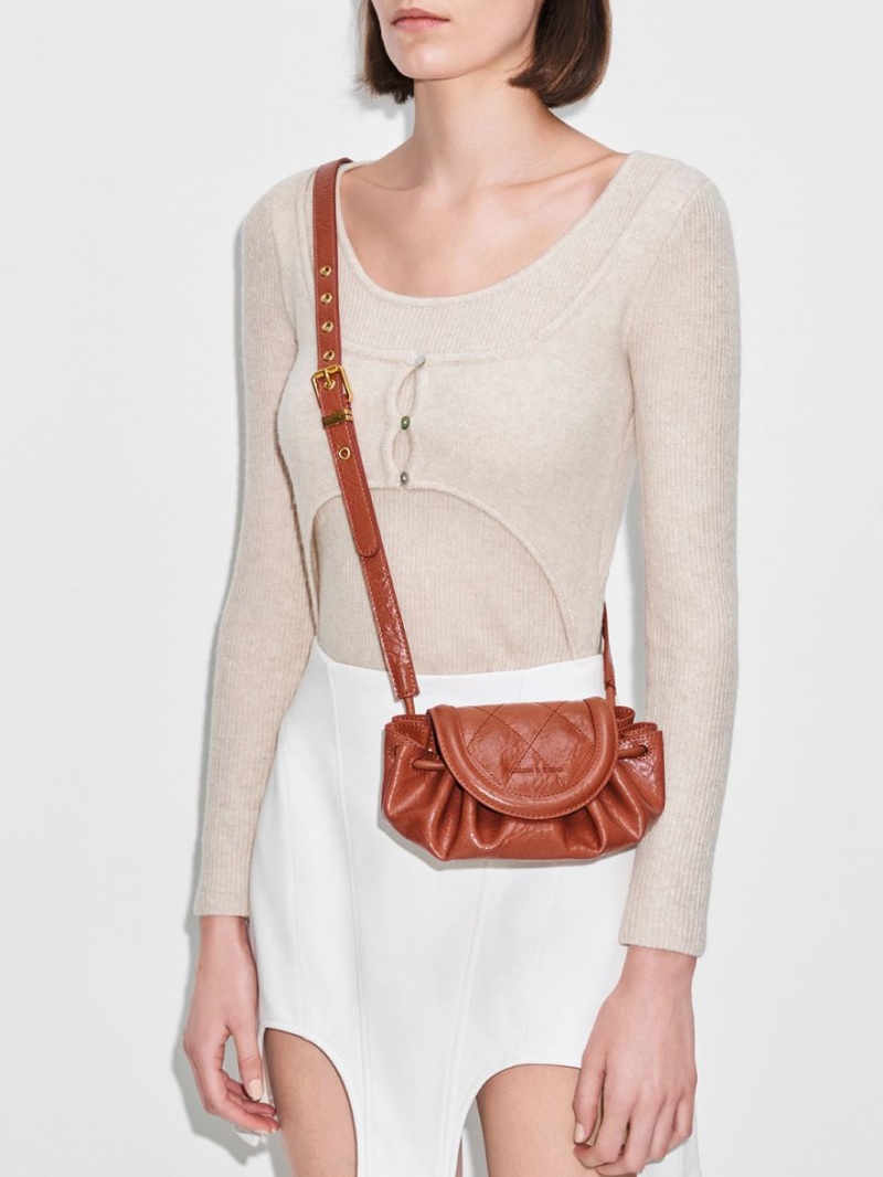 Geanta Crossbody Charles & Keith Mini Blossom Curved Flap Matlasat Rosii Inchis | 649MZOAKQ
