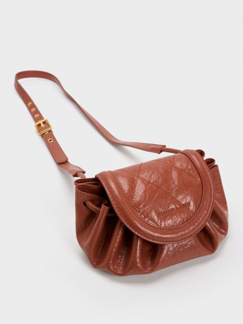 Geanta Crossbody Charles & Keith Mini Blossom Curved Flap Matlasat Rosii Inchis | 649MZOAKQ
