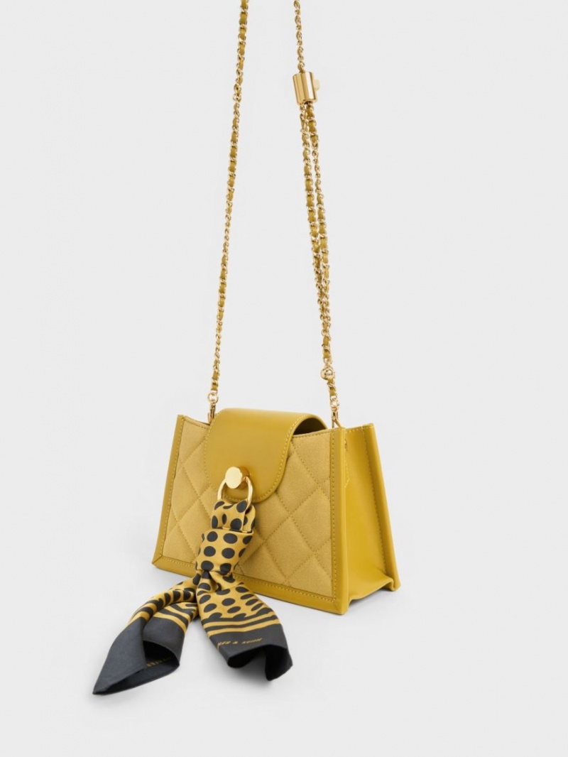Geanta Crossbody Charles & Keith Mini Roza Beaded Handle Scarf Muștar | 256JSGWCY