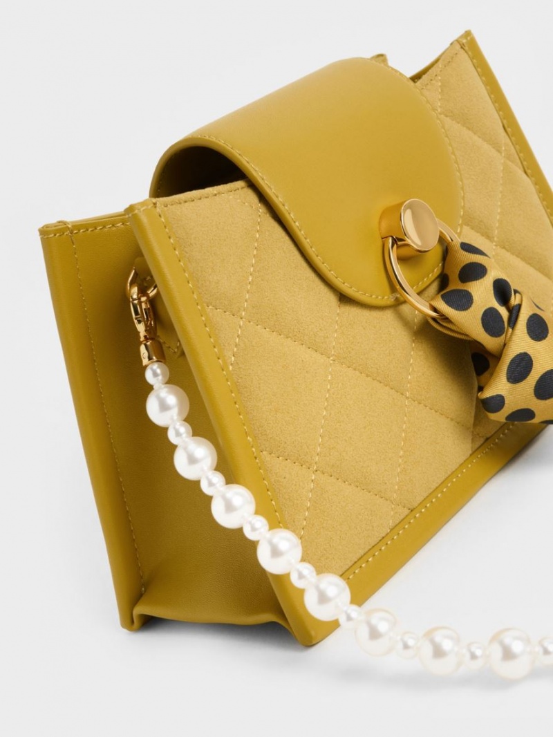 Geanta Crossbody Charles & Keith Mini Roza Beaded Handle Scarf Muștar | 256JSGWCY