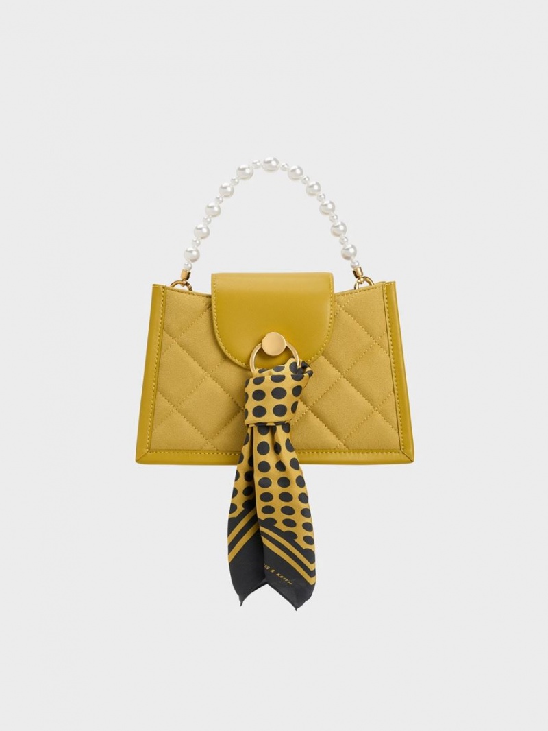 Geanta Crossbody Charles & Keith Mini Roza Beaded Handle Scarf Muștar | 256JSGWCY