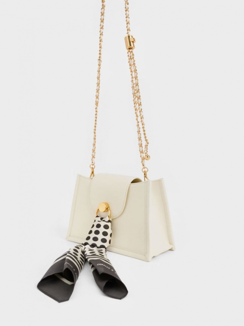 Geanta Crossbody Charles & Keith Mini Roza Beaded Handle Scarf Albi | 974UVQKHM