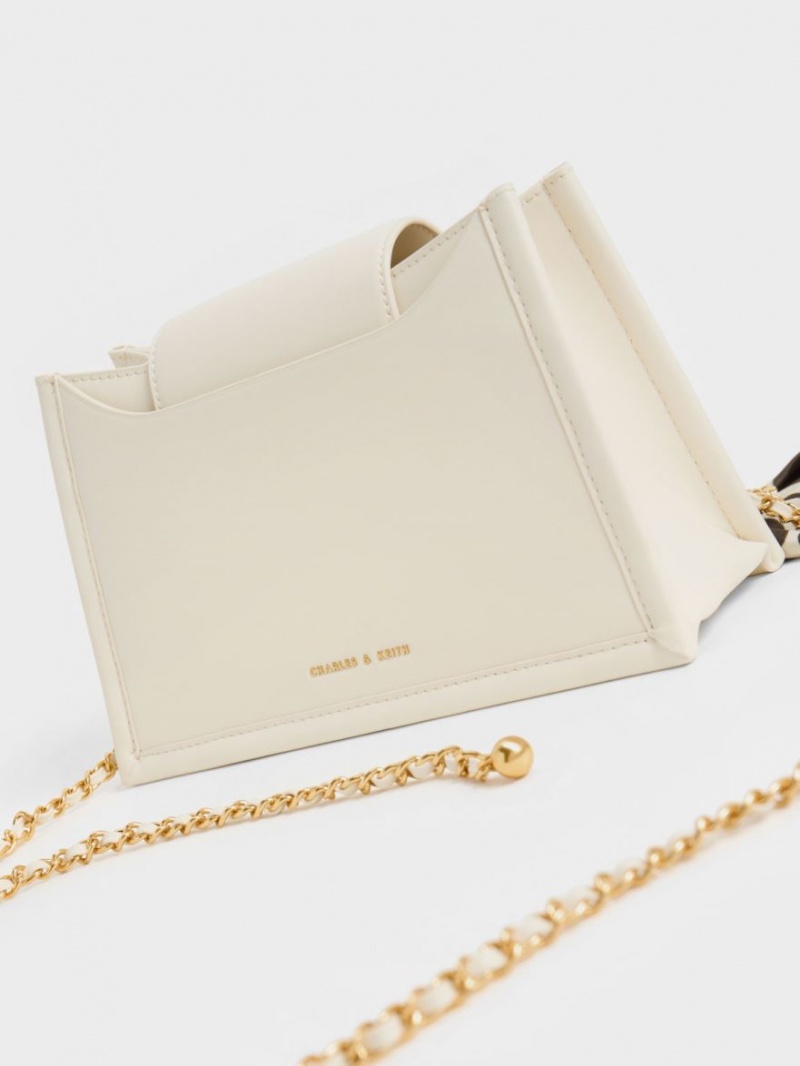 Geanta Crossbody Charles & Keith Mini Roza Beaded Handle Scarf Albi | 974UVQKHM