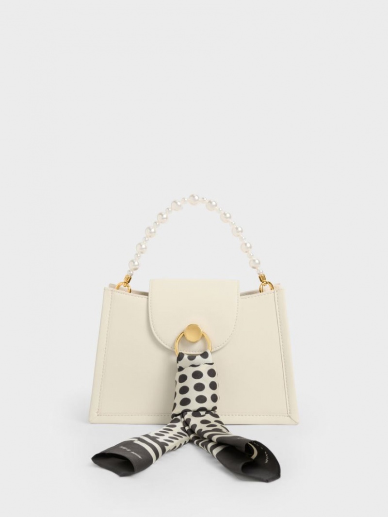 Geanta Crossbody Charles & Keith Mini Roza Beaded Handle Scarf Albi | 974UVQKHM
