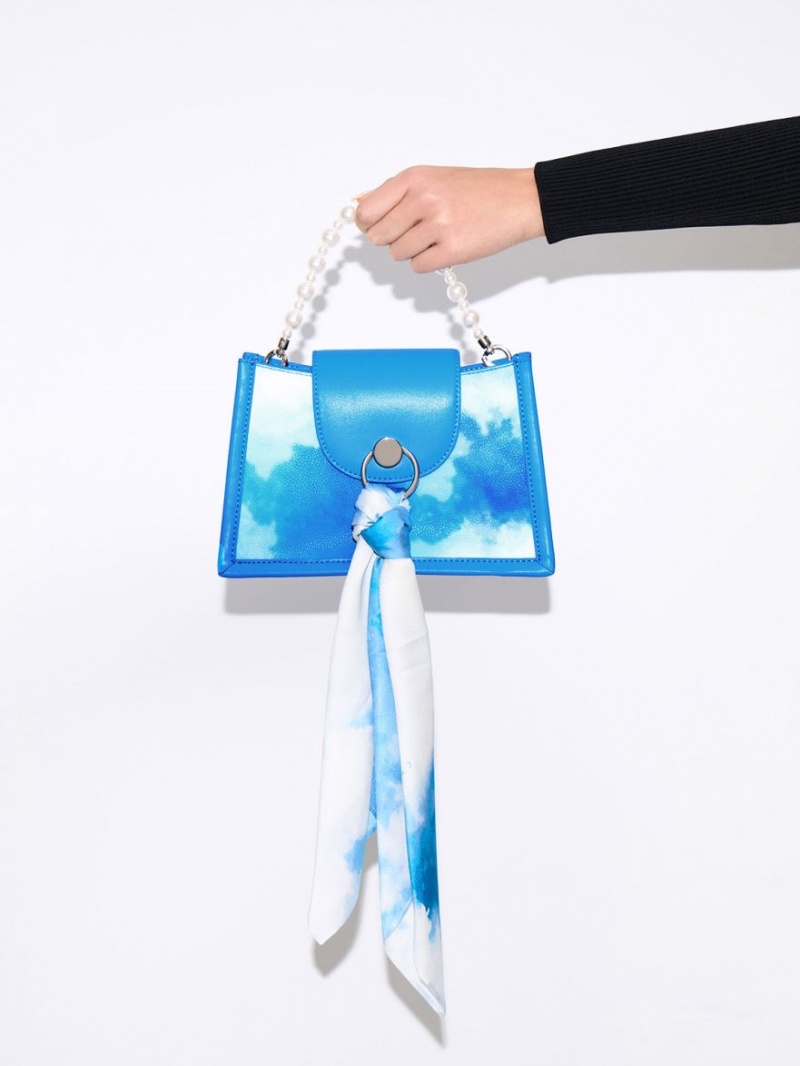 Geanta Crossbody Charles & Keith Mini Roza Beaded Handle Scarf Cloud-Print Albastri | 792XRSQGH